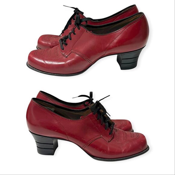 Vintage 1940s Red Leather Oxford Heels Arch-Heel Cushioned Insole 7.5 - Picture 14 of 15